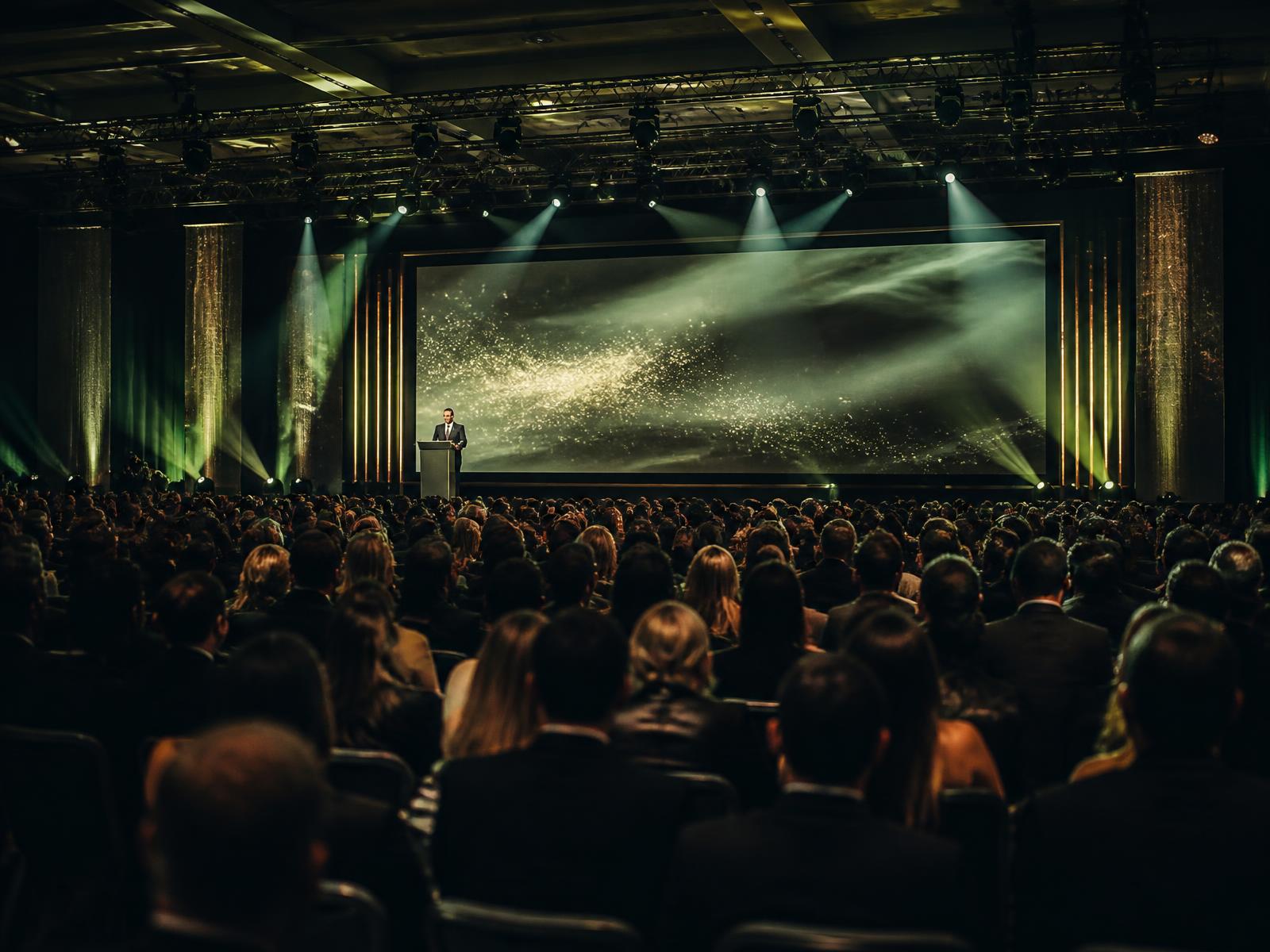 Grande evento corporativo com plateia, palco iluminado e estrutura de produção